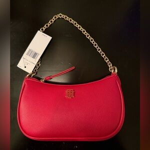 Tommy Hilfiger Pink-Red Leather Mini Bag with Gold Chain